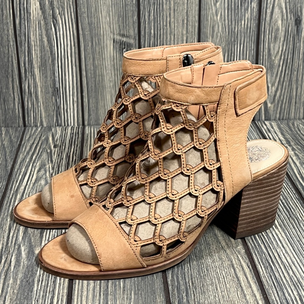 Vince Camuto Lanaira Sandals Womens 8.5 Tan Leather Cage Block Heel Gladiators - Picture 3 of 10
